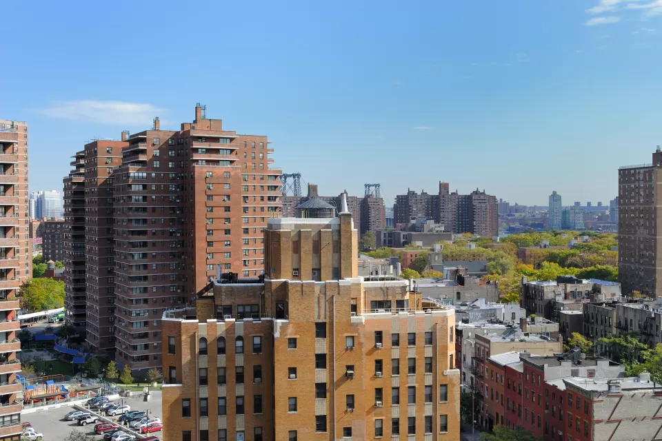 Brick high-rise apartment buildings in New York City